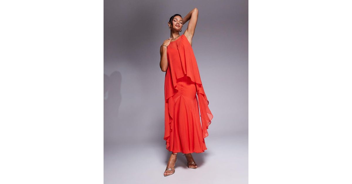 ASOS Plunge Bias Maxi Dress With Chiffon Overlay And Godet in Red | Lyst UK