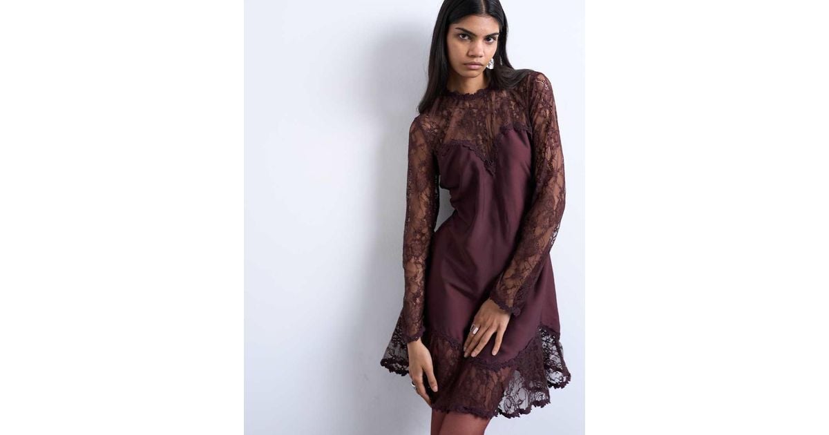 TOPSHOP Lace Sleeve Flippy Hem Mini Dress in Purple