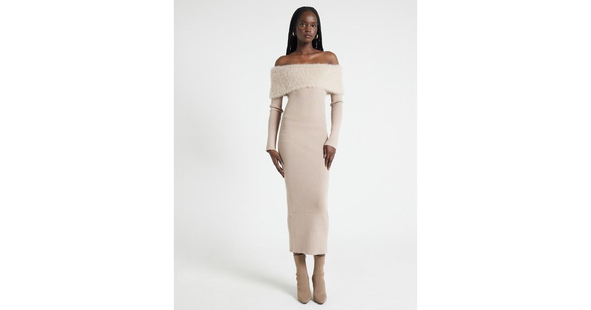 River Island Bardot Knitted Midi Dress With Fluff Detail in Natural