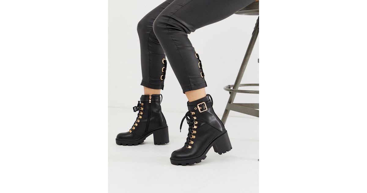 Public Desire Swag Black Chunky Lace Up Boots With Gold Hardware