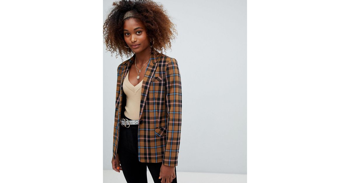 Bershka Denim Check Print Blazer in Brown | Lyst