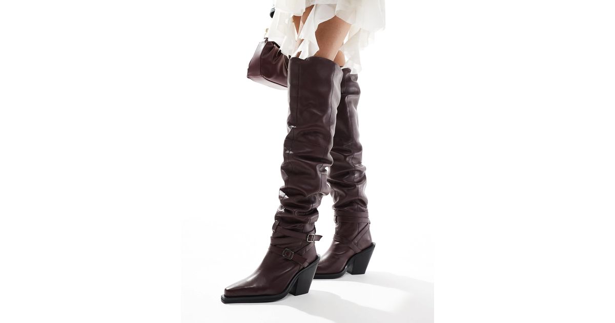 ASOS Kingfisher Leather Ruched Over The Knee Boots With Buckles in Red ...