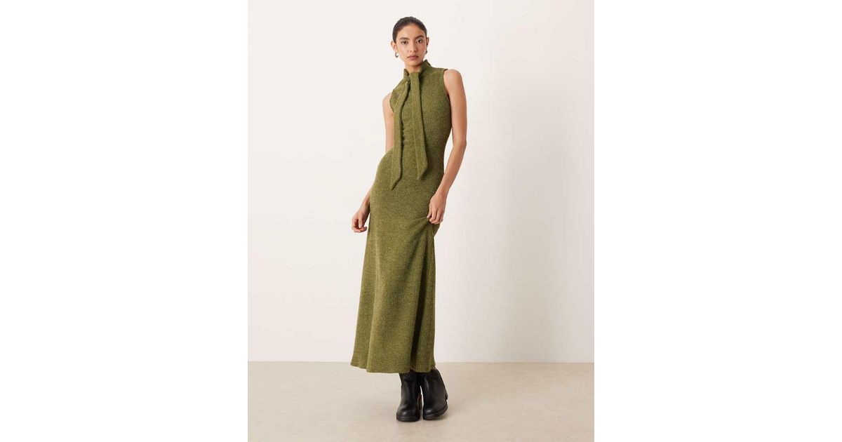 ASOS Ribbed Tie Neck Dress in Green | Lyst UK