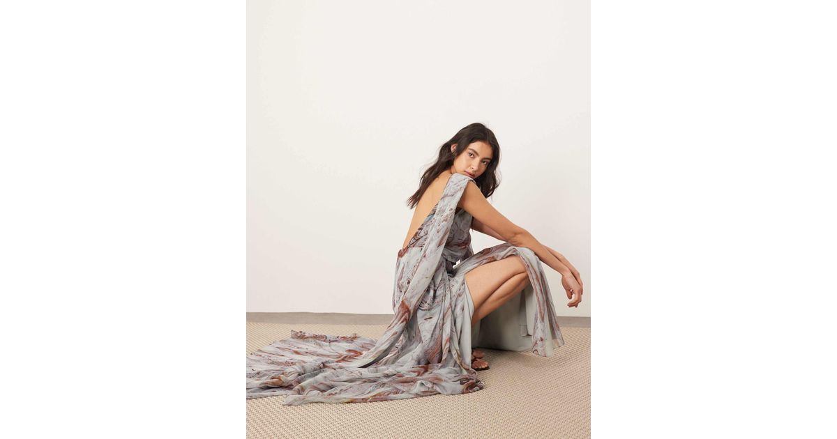 ARRANGE Chiffon Drape Maxi Dress With Scarf Detail in Natural | Lyst
