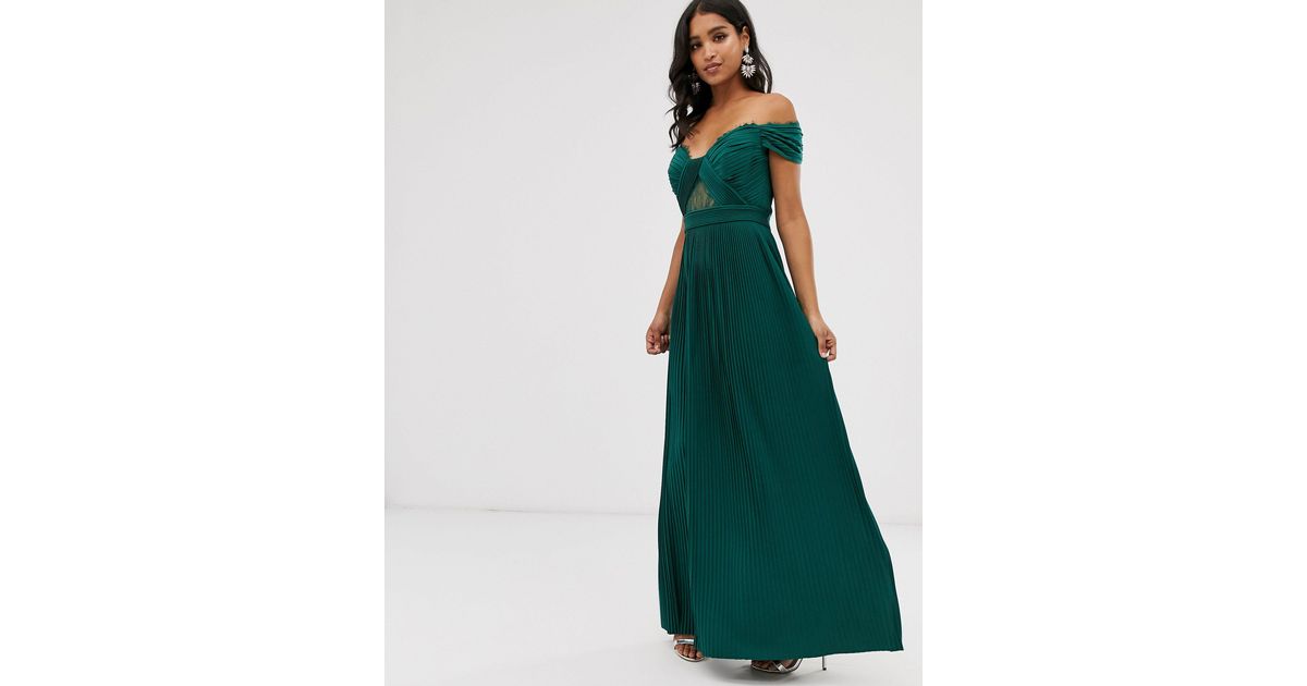 ASOS Premium Lace And Pleat Bardot Maxi Dress in Green | Lyst