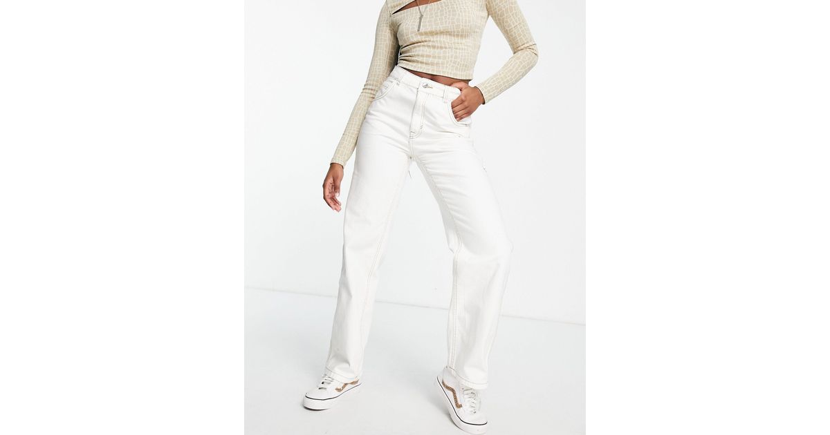 Bershka Denim Contrast Seam Straight Leg Cargo Jeans in White - Lyst
