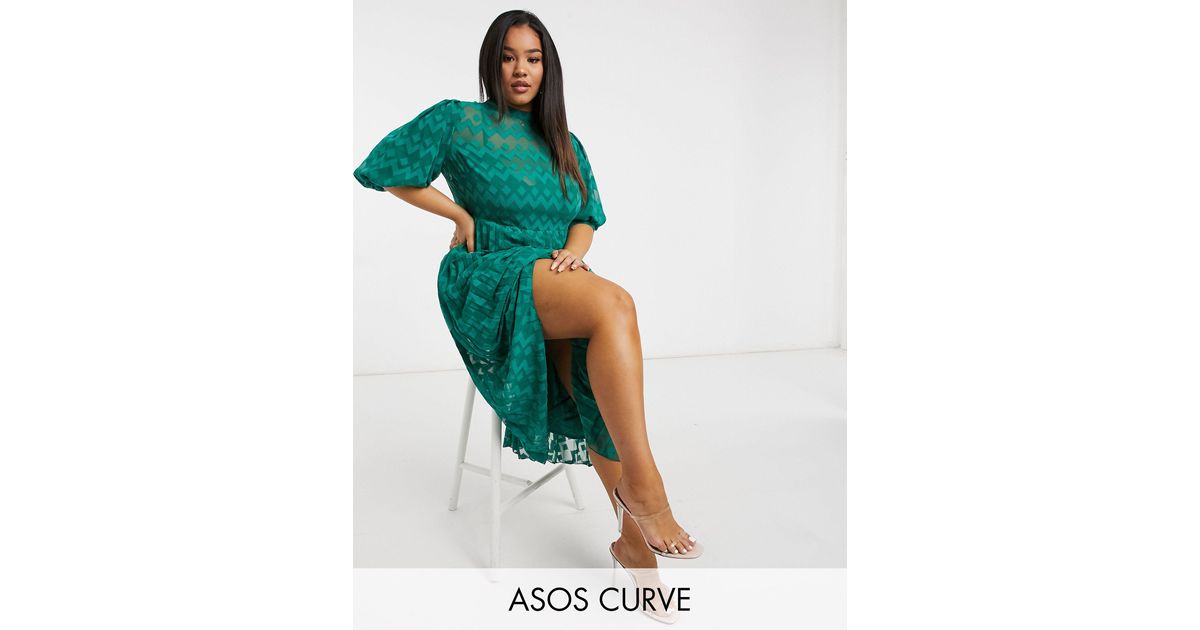 knee length dresses for ladies ASOS DESIGN High Neck Pleated Chevron Dobby Midi Dress With Puff Sleeve In  Forest Green