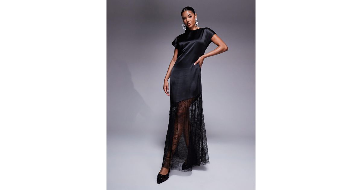 ASOS Satin And Lace Mix Maxi T Shirt Dress in Blue | Lyst