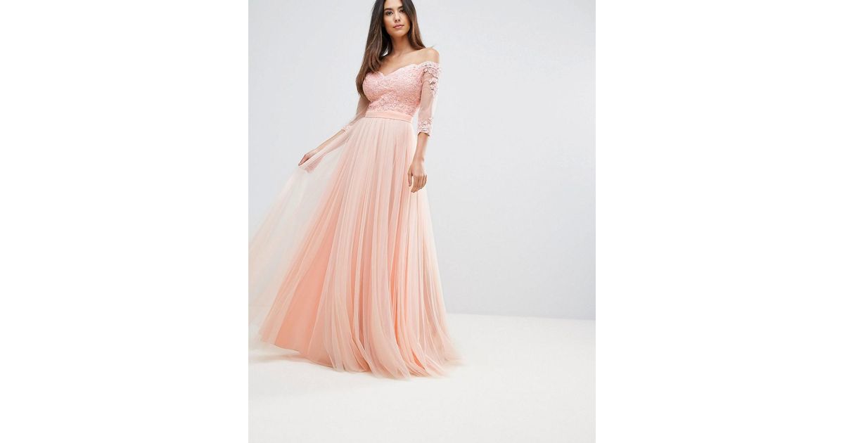 forever unique pink printed bardot midi dress