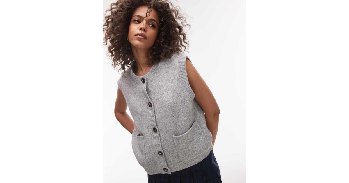 TOPSHOP Knitted Oversized Crew Pocket Waistcoat in Grey Lyst UK
