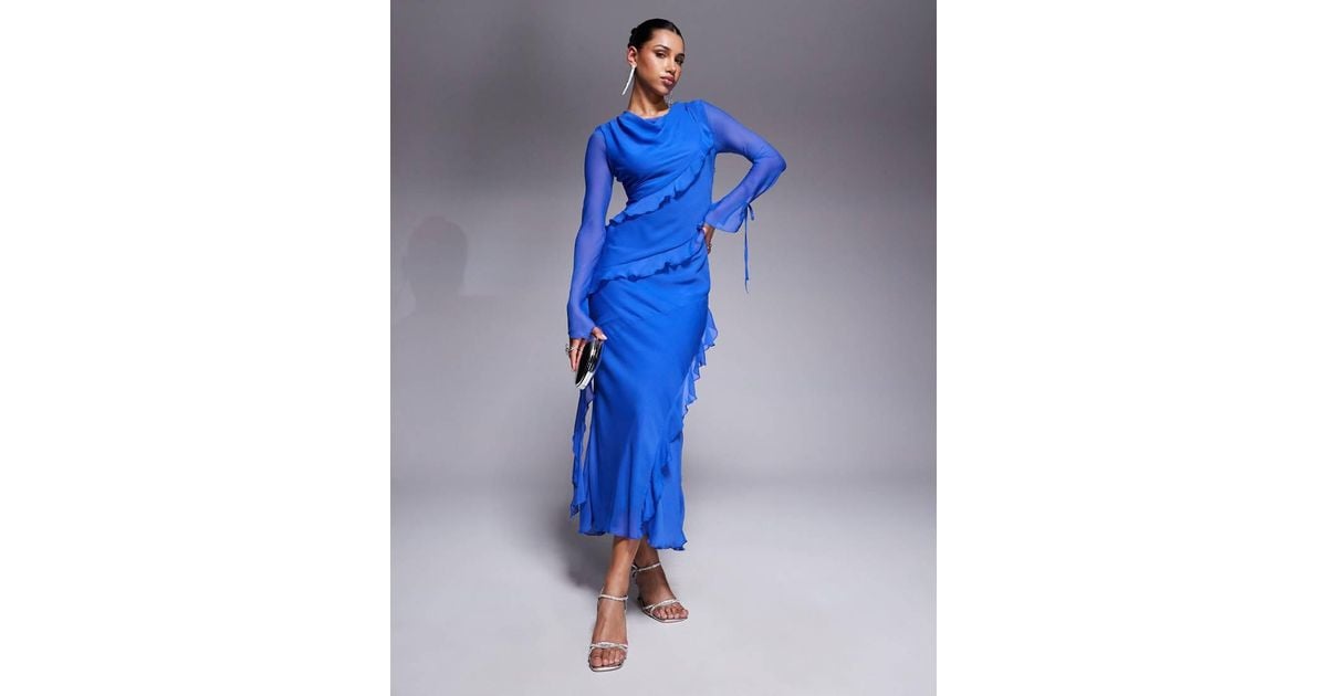 DASKA Chiffon Ruffle Maxi Dress in Blue