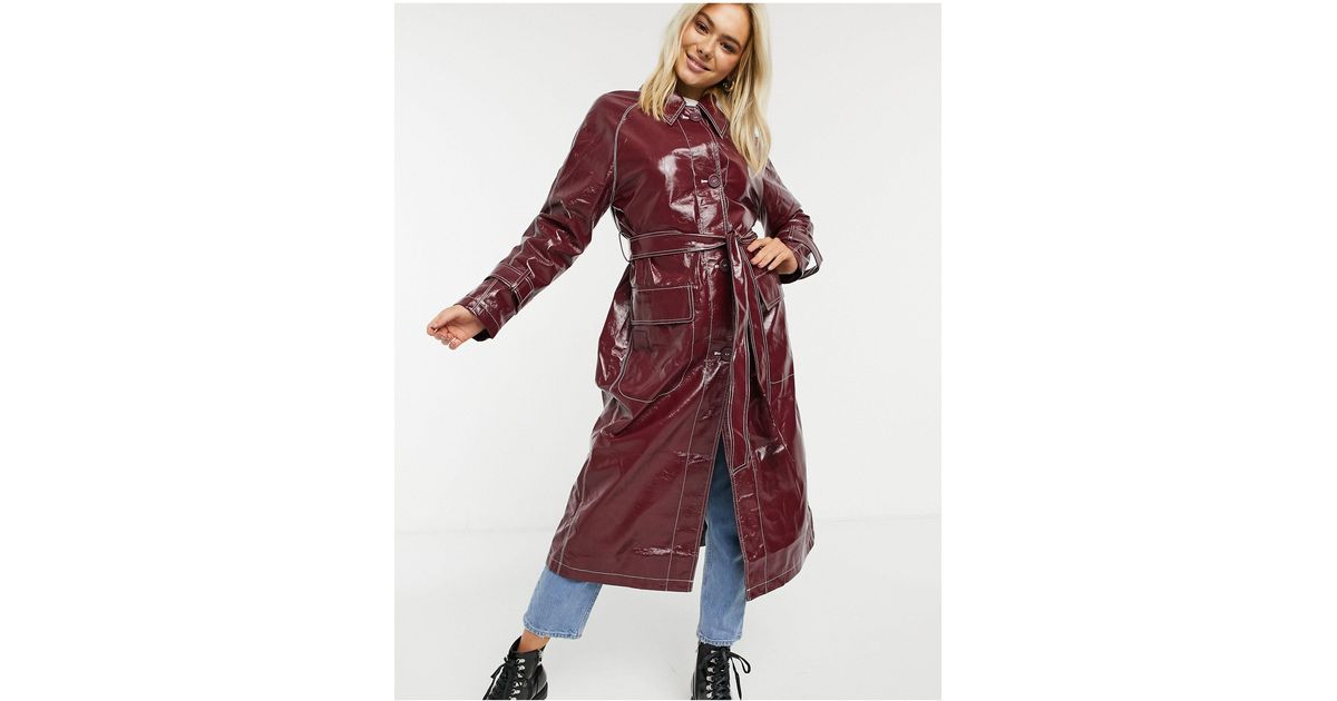 ASOS Vinyl Trench Coat With Contrast Stitching in Red Lyst