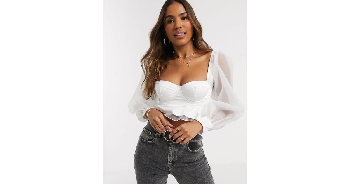 ASOS Padded Underwire Bra Top With Organza Puff Sleeves in White