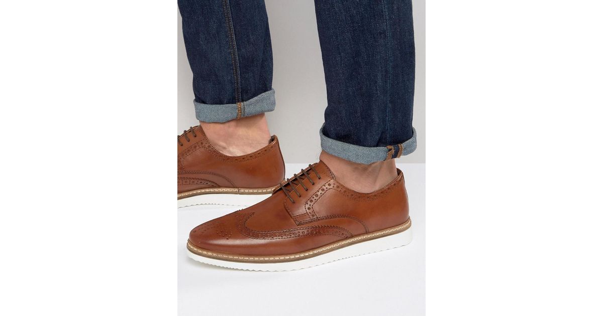 ASOS Brogue Shoes In Tan Leather With White Wedge Sole in Brown for Men |  Lyst