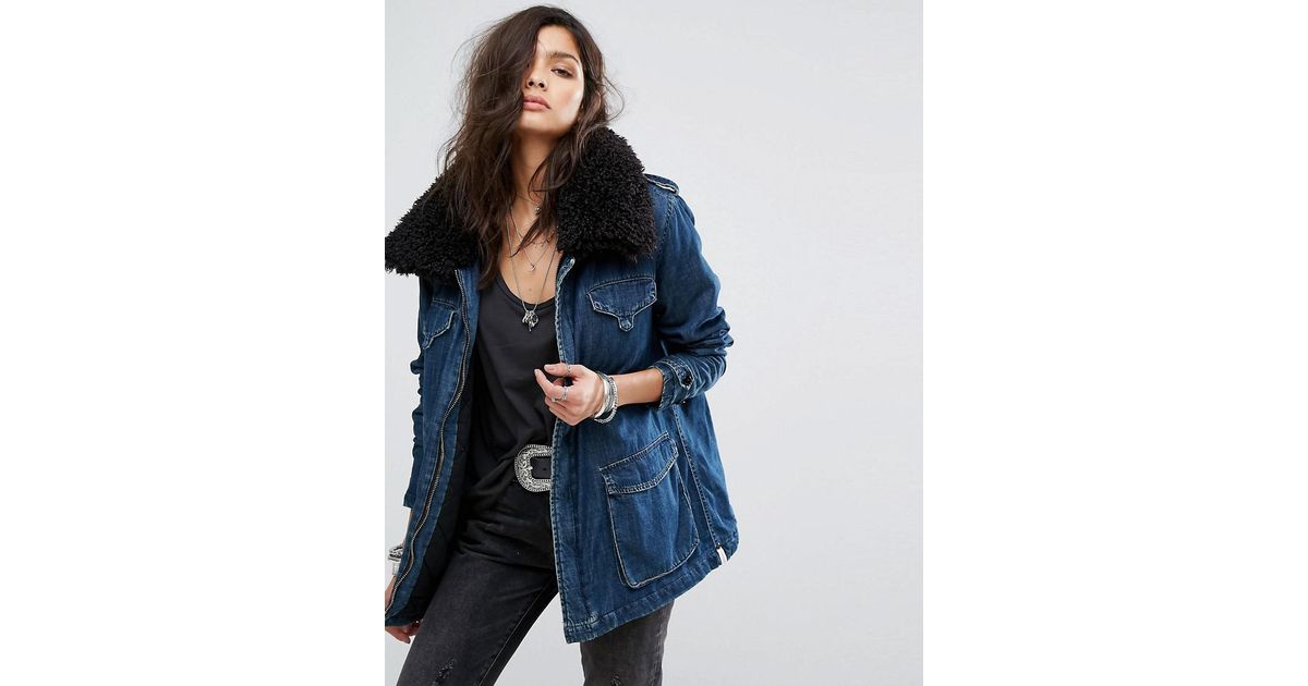 longline denim jacket with fur