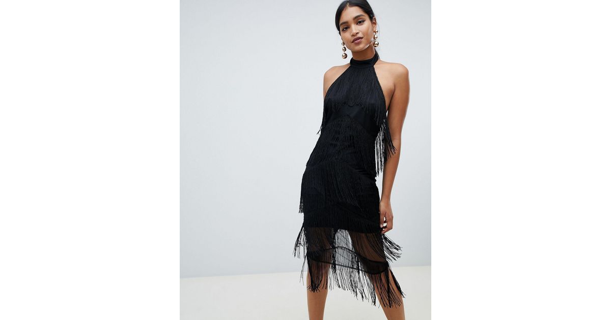 ASOS Halter Midi Fringe Dress in Black | Lyst