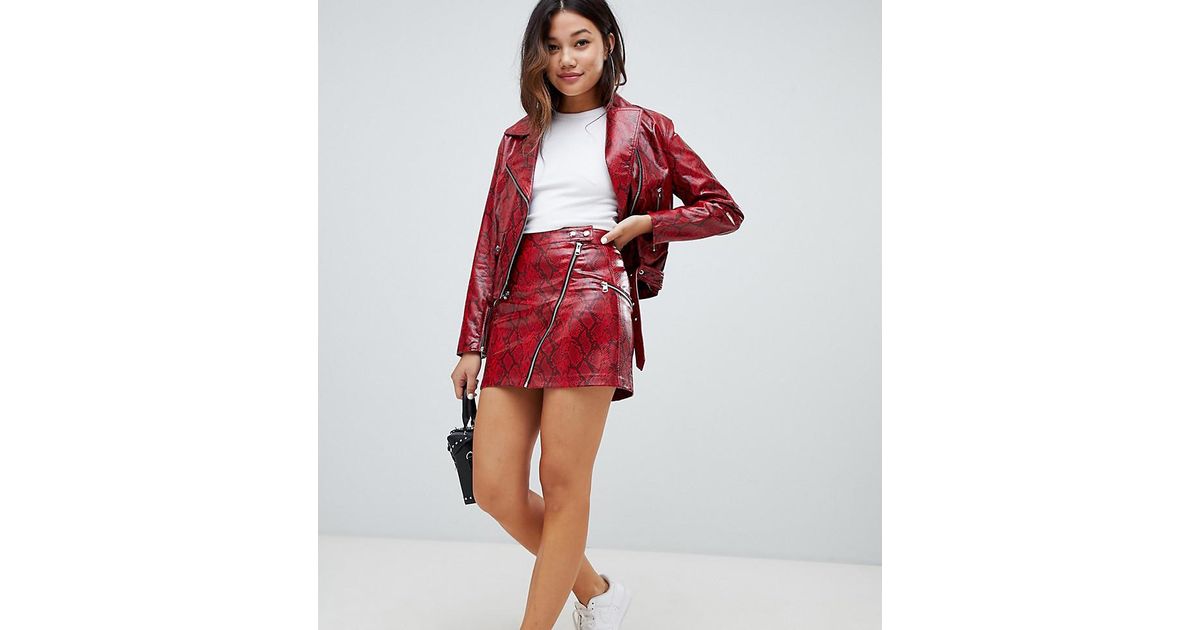 Bershka Two piece Snake Print Pu Skirt With Zips in Red Lyst