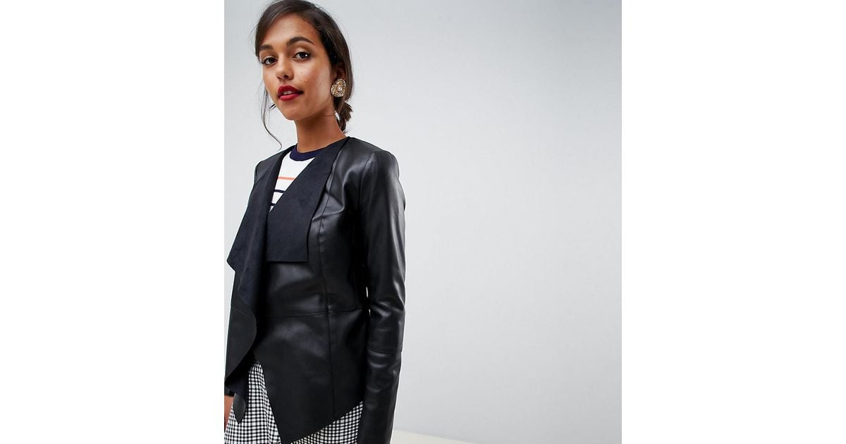 Oasis Waterfall Front Faux Leather Jacket In Black Lyst Waterfall Front Faux Leather Jacket