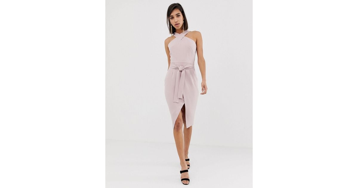 Lavish alice halter neck clearance wrap front midi dress