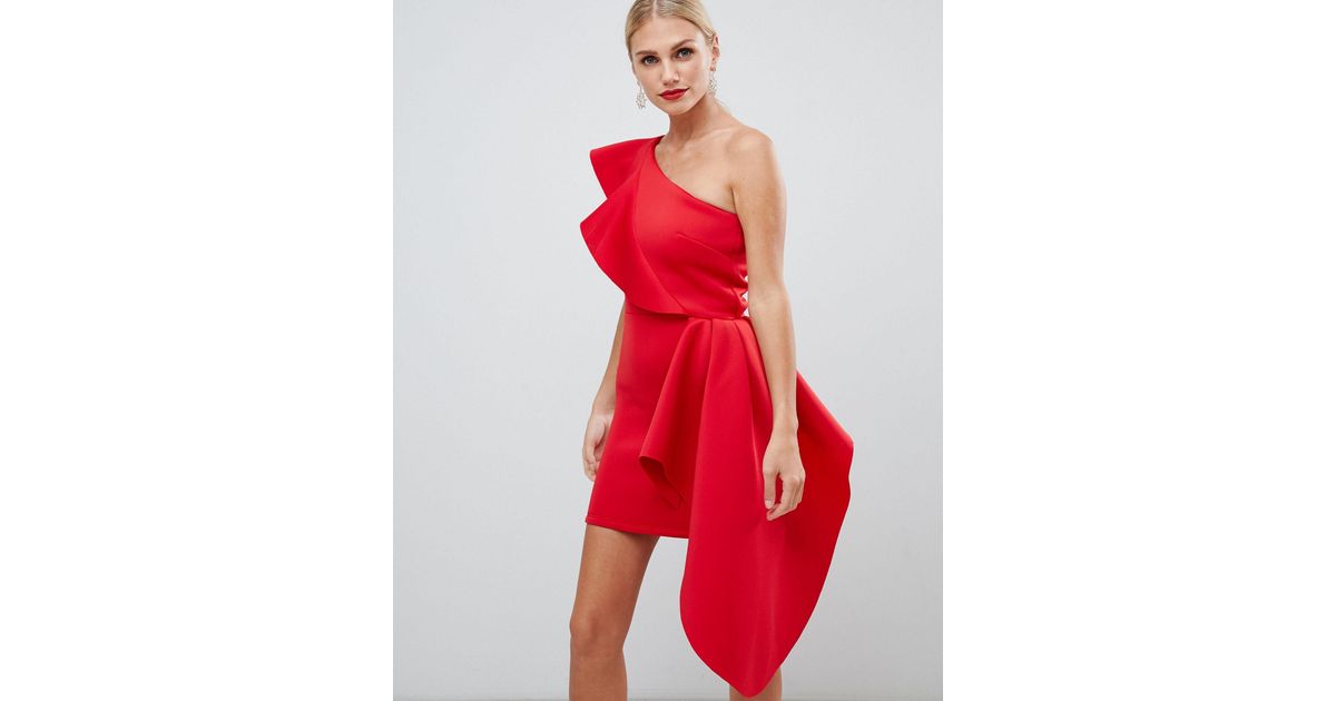 red one shoulder frill dress