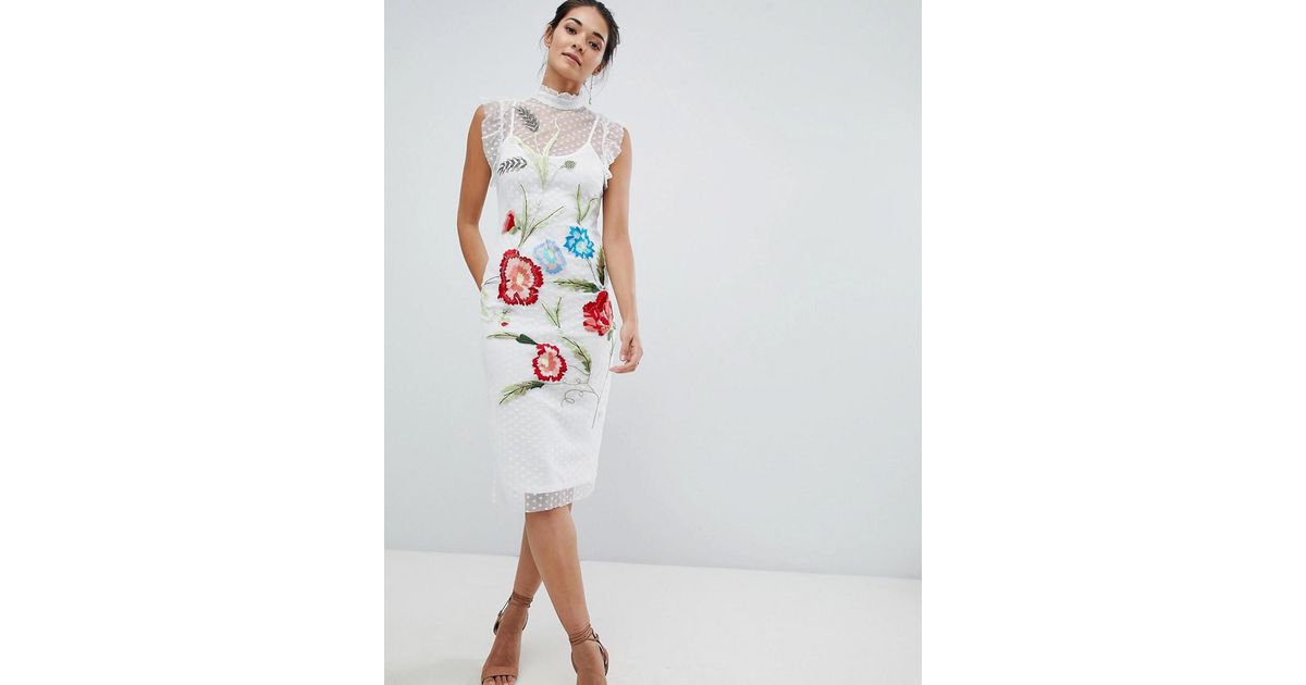 hope and ivy embroidered midi dress with ruched sleeves
