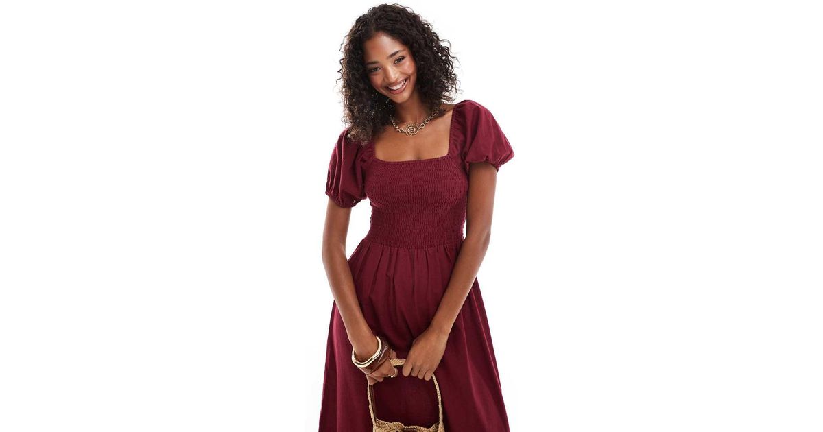 esmé studios Esmee Exclusive Puff Sleeve Midi Beach Dress in Red