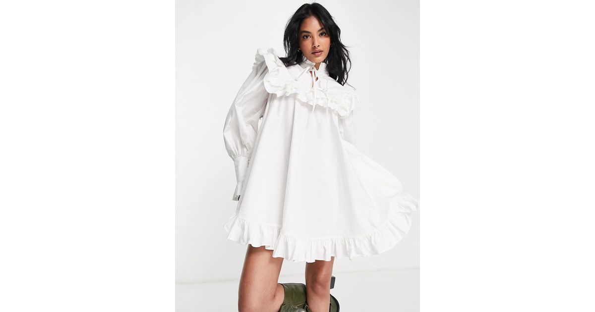ASOS Cotton Ruffle Yoke Mini Dress in White Lyst