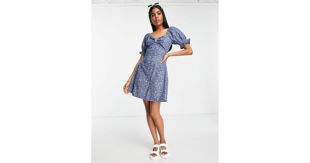Pieces Open Back Detail Puff Sleeve Mini Dress in Blue | Lyst
