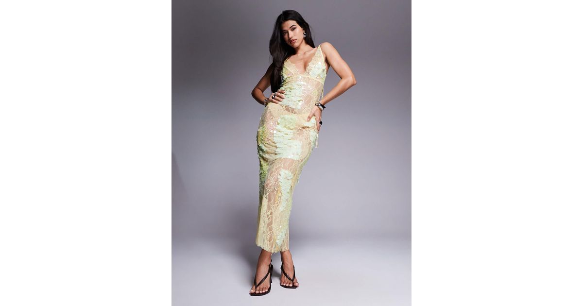 ASOS Sheer Lace Cami Maxi Dress With Placement Embellishment in Yellow | Lyst ASOS Sheer Lace Cami Maxi Dress With Placement Embellishment in Yellow | Lyst
