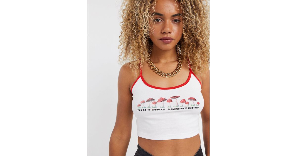 New Girl Order Cropped Cami Top With Shitake Happens Graphic in White |  Lyst Canada