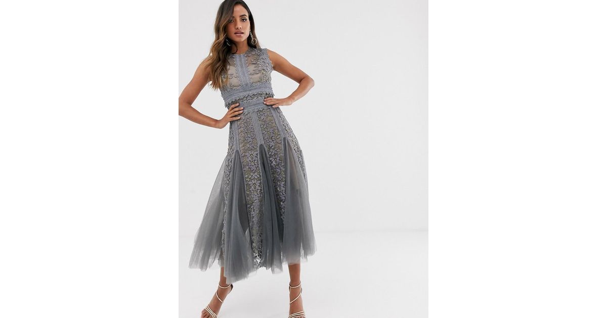Women s Bronx Banco Megan Grey Lace Embroidered Midi Dress