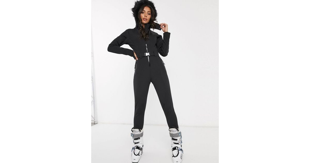 ASOS 4505 Ski Fitted Belted Ski Suit With Faux Fur Hood in Black