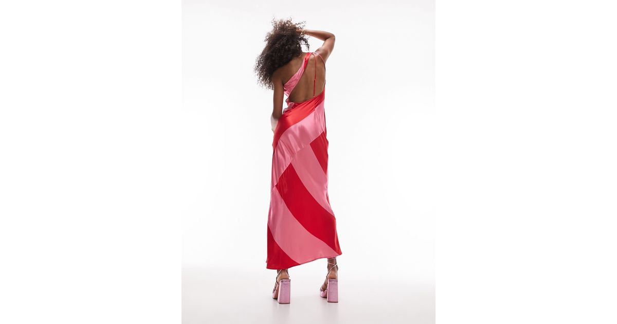 topshop satin stripe a line dress TOPSHOP One Shoulder Stripe Satin Midi Dress in Red