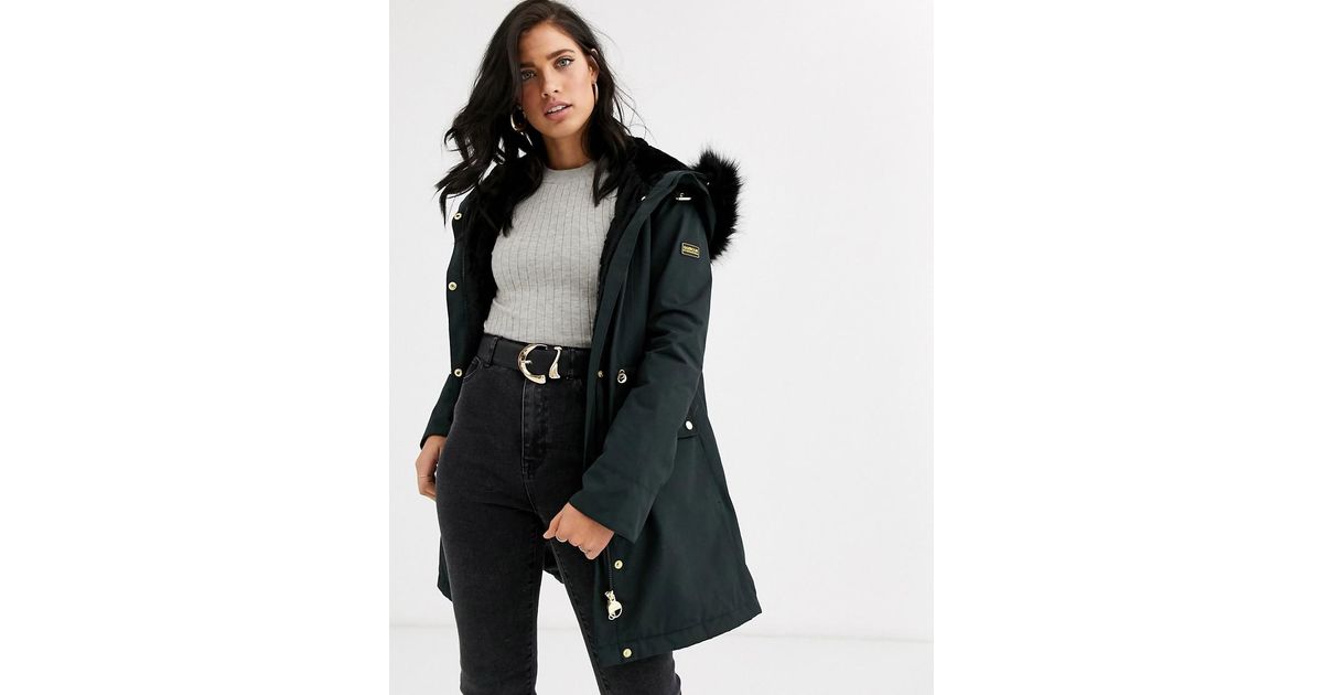 barbour international faux fur lined parka with faux fur trim hood