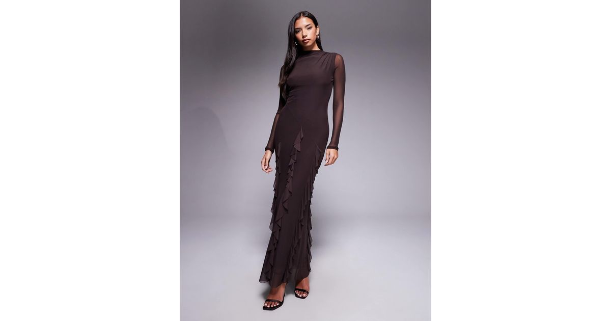 ASOS Mesh Long Sleeve Maxi Dress With Waterfall Ruffle Skirt Detail in ...