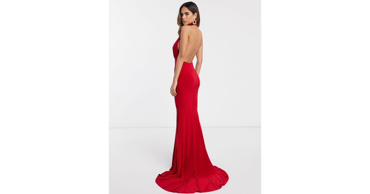 Club L London Backless Halterneck Fishtail Maxi Dress in Red | Lyst