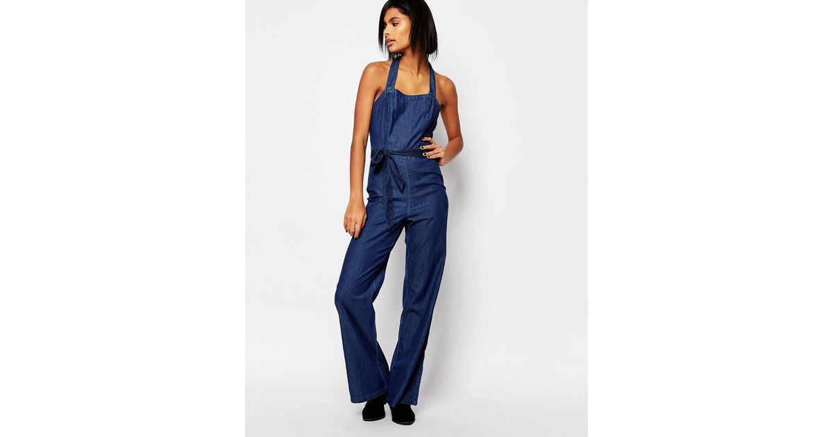 halter neck denim jumpsuit