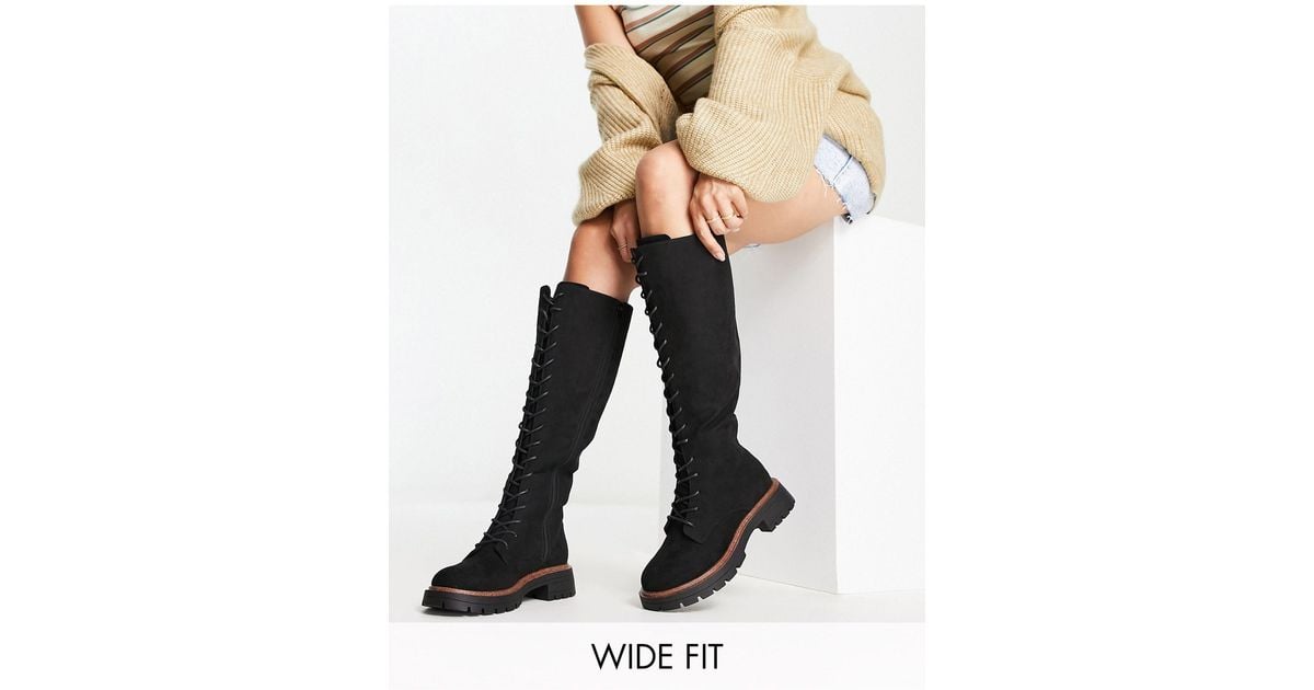 ASOS Wide Fit Carol Chunky Lace Up Knee High Boots in Black (White
