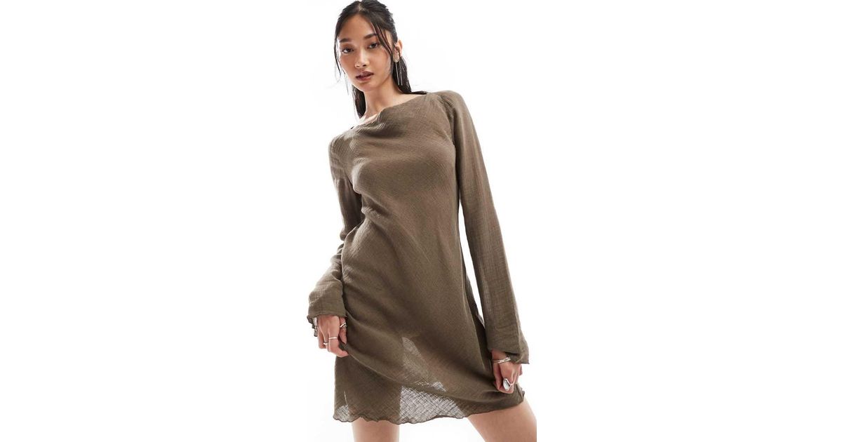 Weekday Ginko Linen Blend Long Sleeve Mini Dress in Brown | Lyst UK