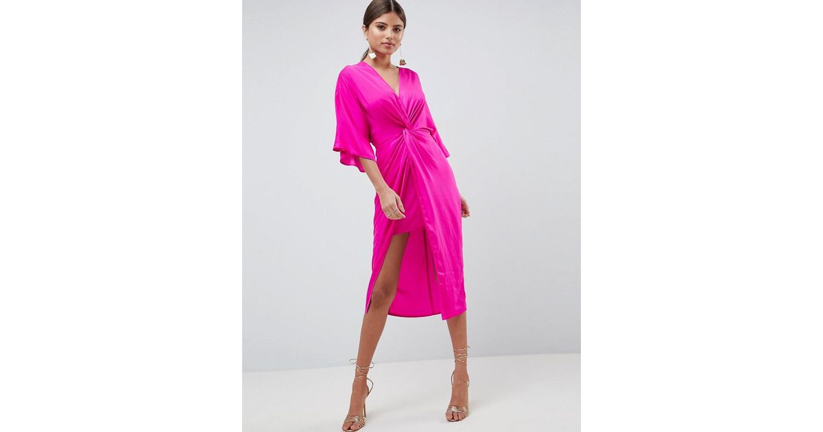 ASOS Knot Front Kimono Midi Dress in Pink | Lyst