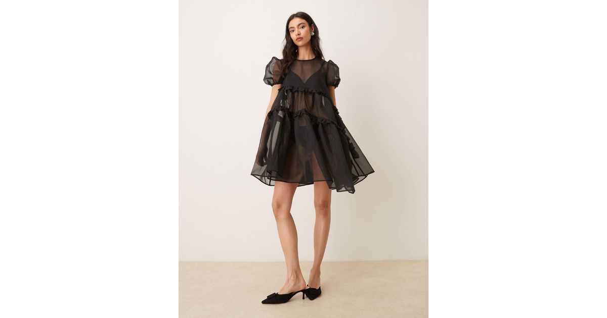 Ghospell Exclusive Sheer Organza Puff Sleeve Tiered Ruffle
