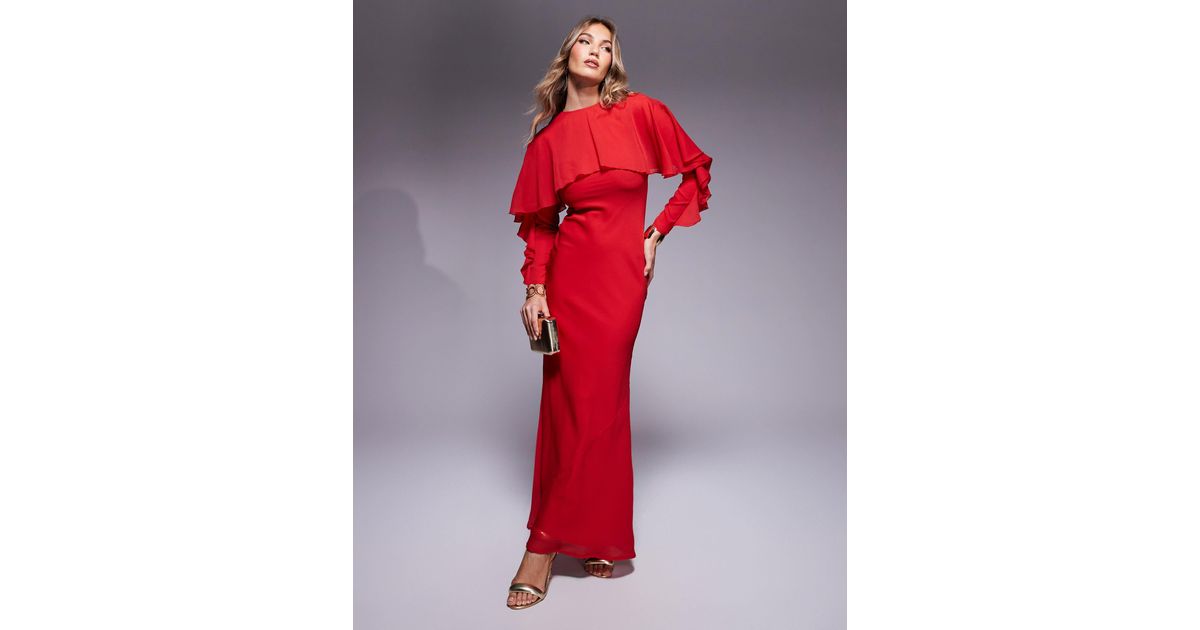 ASOS Long Sleeve Ruffle Bias Maxi Dress With Cape Detail in Red | Lyst