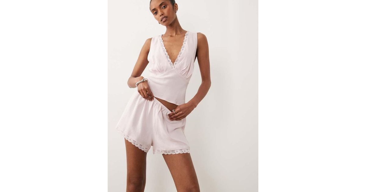 Short Sharp Pull ASOS Linen Blend Pull On Short With Lace Trim in Pink | Lyst UK