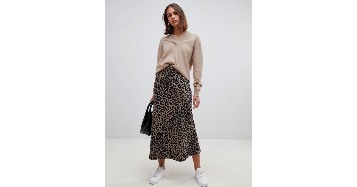 asos design bias cut satin midi skirt in leopard print