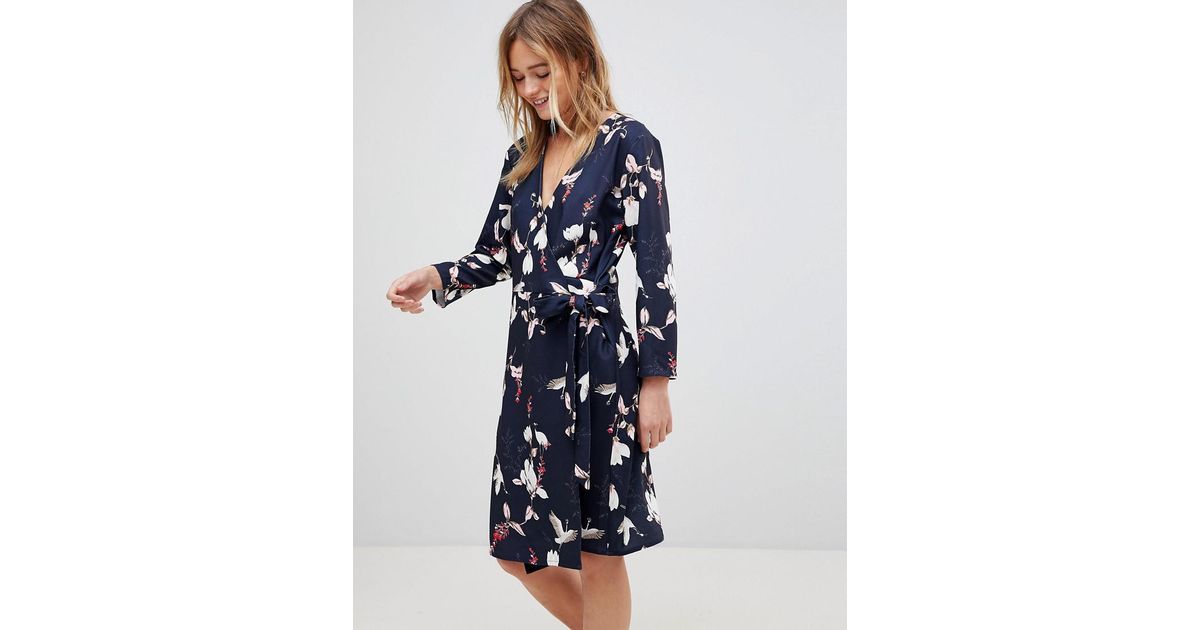 bird print wrap dress