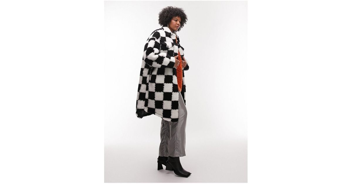 Curve Teddy Checkerboard Longline Coat in White Lyst