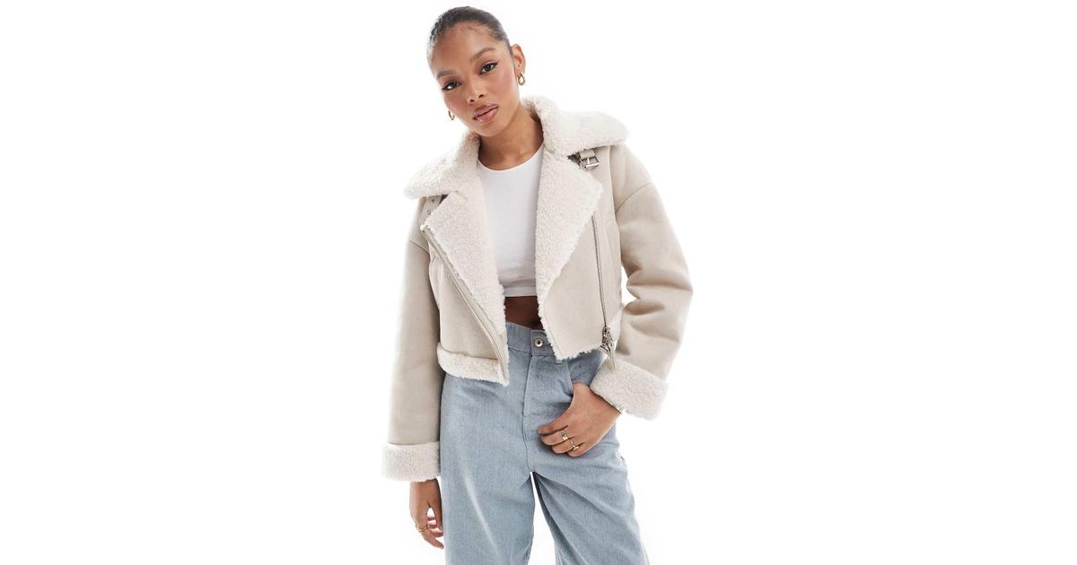 Stradivarius Borg Lined Cropped Aviator in Natural Lyst UK