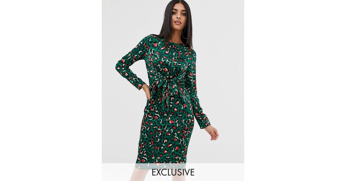 prettylittlething tie front midi dress in leopard