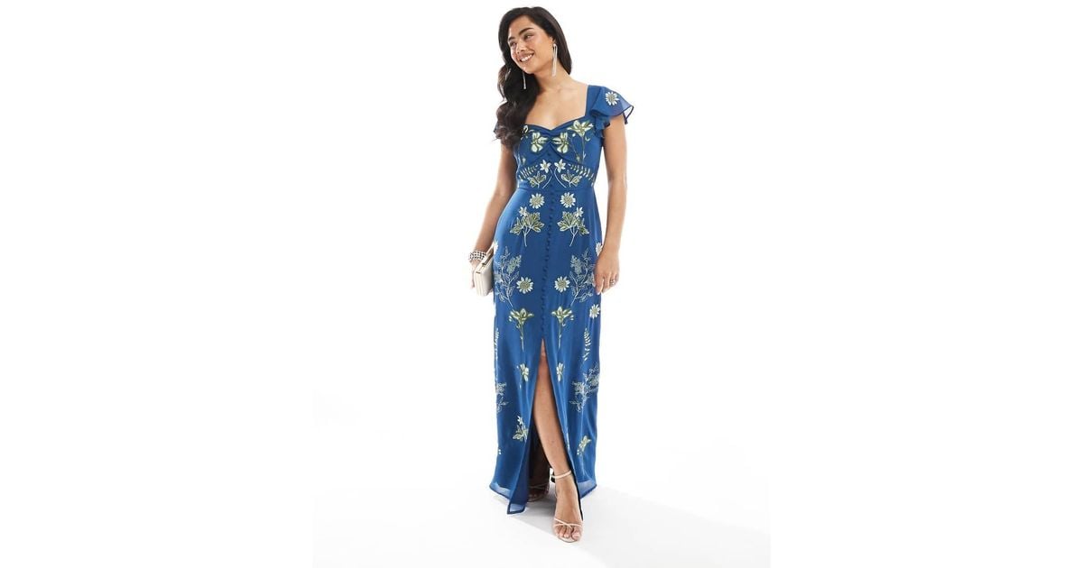 Maya Embroidered Short Sleeve Keyhole Back Maxi Dress in Blue