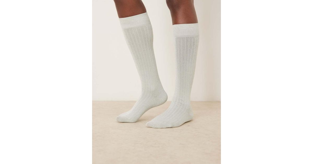 ASOS Silver Glitter Fine Ribbed Knee High Socks in Natural | Lyst UK